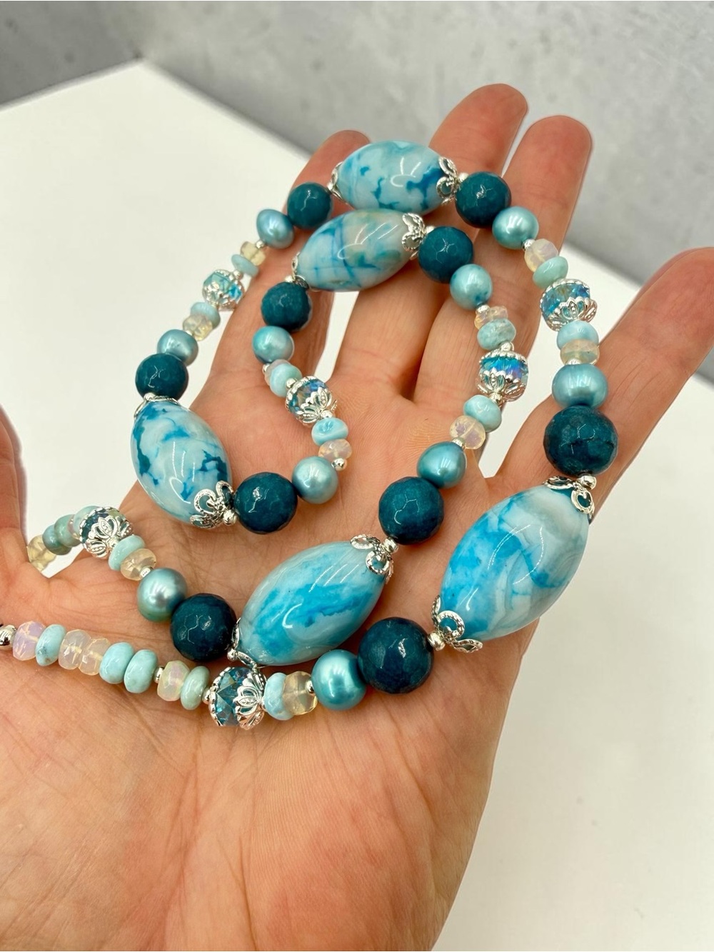 Artisan Murano Style Glass Larimar Apatite Opal Pearl Necklace 22” Ocean Blue - Picture 7 of 17